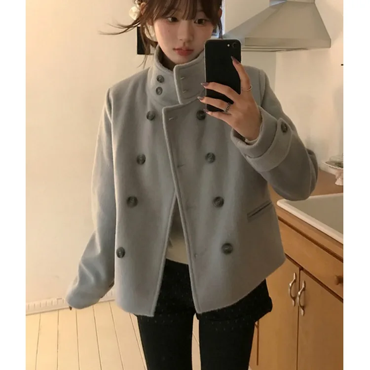 معطف صوفي أنيق للنساء فضفاض مناسب بياقة بدلة كلاسيكية مزدوجة الصدر كيت أور توب ملابس خارجية للخريف والشتاء #4