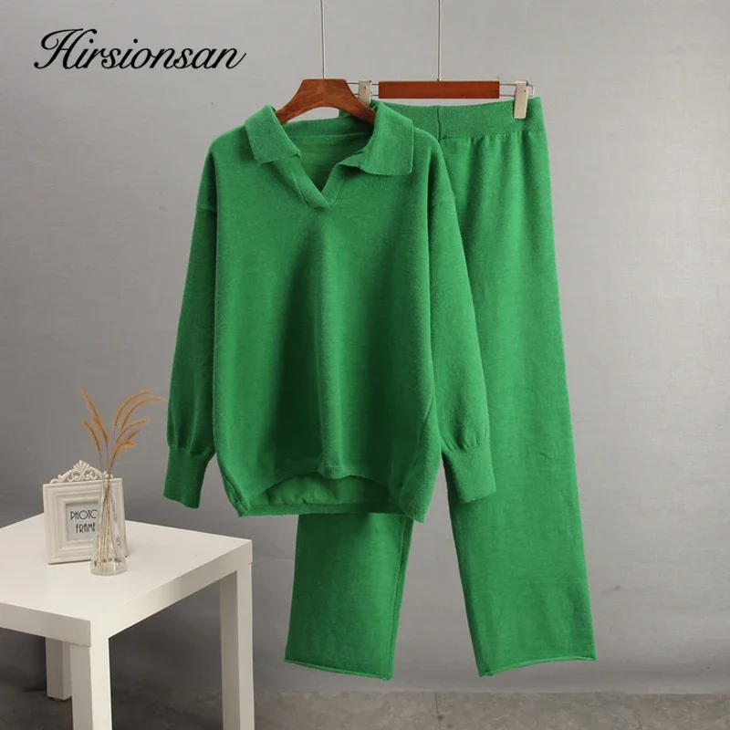 Hirsionsan Winter Thick Women Knitted Suits Soft 2 Pieces Cashmere Female Sets Polo Neck Sweater & Wide Leg Pants Knitted Outfit