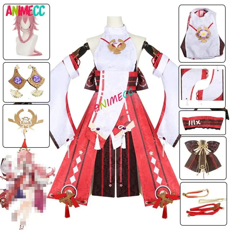 ANIMECC Yae Miko Genshin Impact Guuji Yae Cosplay Costume Wigs Ear Prop Anime Game Halloween Party Outfits for Women XS-XXXL