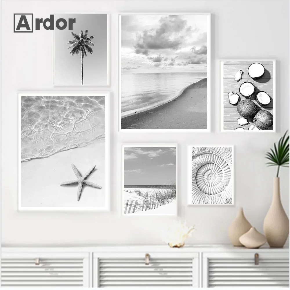 Tropical Beach Shell Palm Tree Poster Coconut Canvas Painting Black and White Print Nordic Wall Art Pictures Living Home Decor