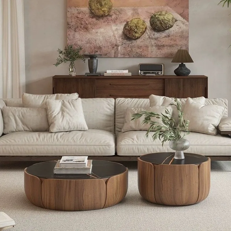طاولة قهوة مستديرة من الخشب الصلب، مجموعة غرفة المعيشة المنزلية، شقة صغيرة، بلاطة صخرية فاخرة خفيفة #5