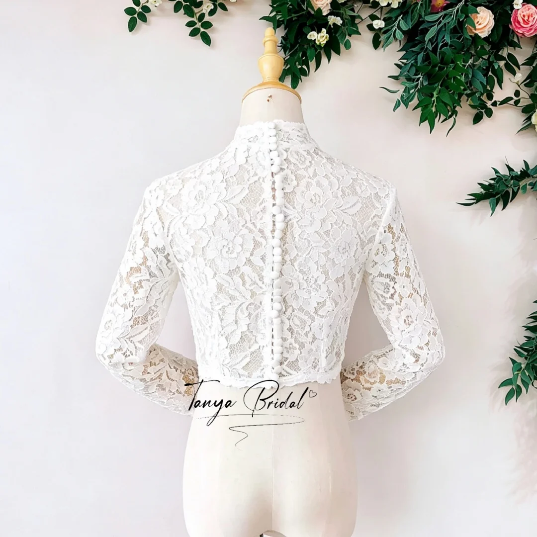 High Neck Lace Wedding Dress Jacket Shawl Long Sleeve Blero Bridal Outerwear for Brides with Button Back Detail