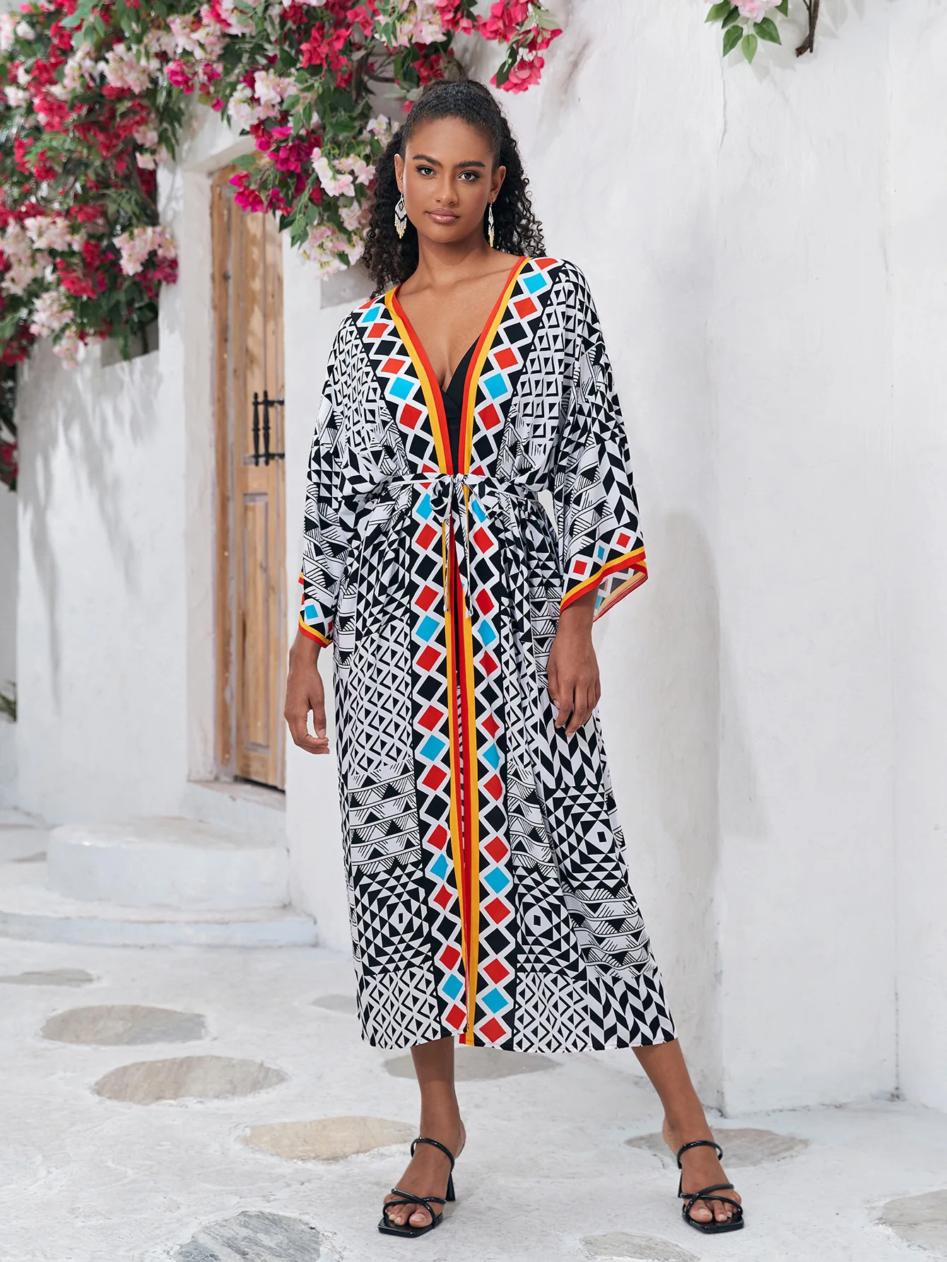 كيمونو نسائي طويل مطبوع بوهيمي ، فستان شاطئ ملفوف ، غطاء بيكيني ، ملابس صيفية ، بدلة سباحة ، سترة سترة متخفية