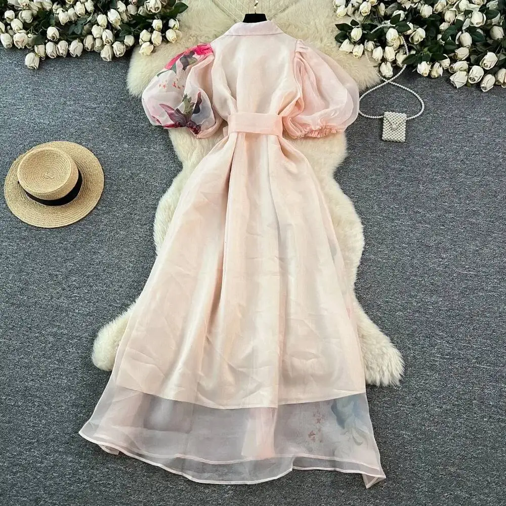 Chic vintage Sexy print mesh lace-up button Fairy Summer Women Boho Sundress women clothing Long dress