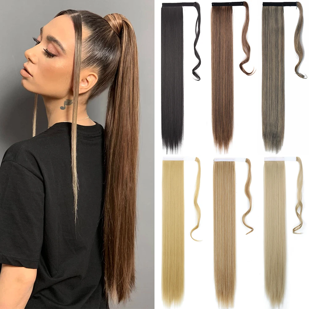 Synthetic Long Straight Ponytail Extensions 22 Inch Wrap Around Light Golden Brown Ponytails Hair Piece Pony Tail Hair Extension