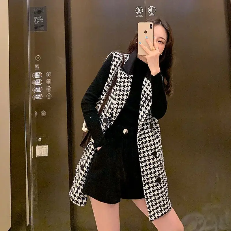 Spring Korean Houndstooth Turn-down Collar Sleeveless Coat Women Clothing Office Lady Patchwork Cardigan Ladies Fashion Buttons