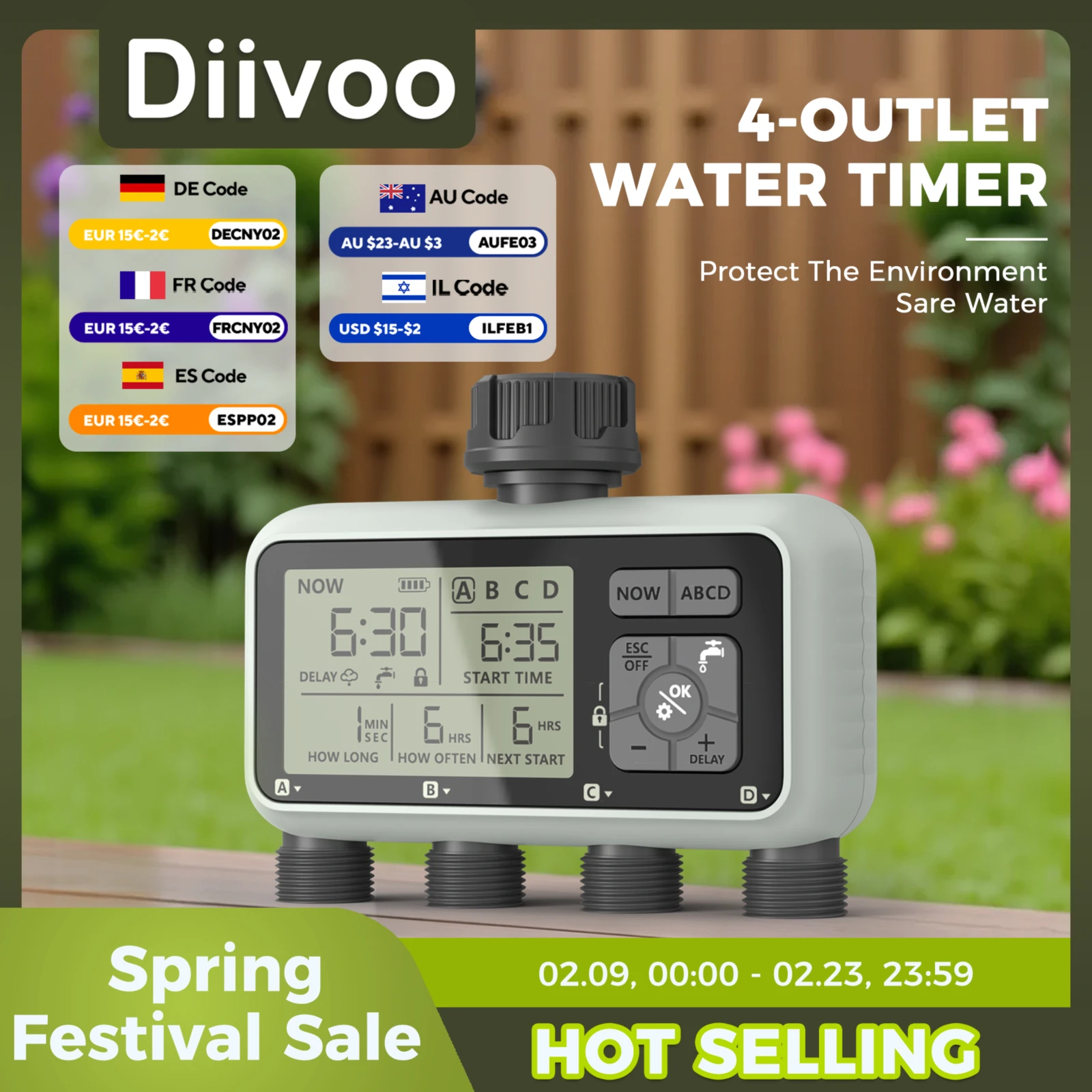 

Diivoo Garden Water Timer 4 Zone Programmable Automatic Irrigation Timer with Rain Delay Manual/Auto Mode Watering for Lawn Yard