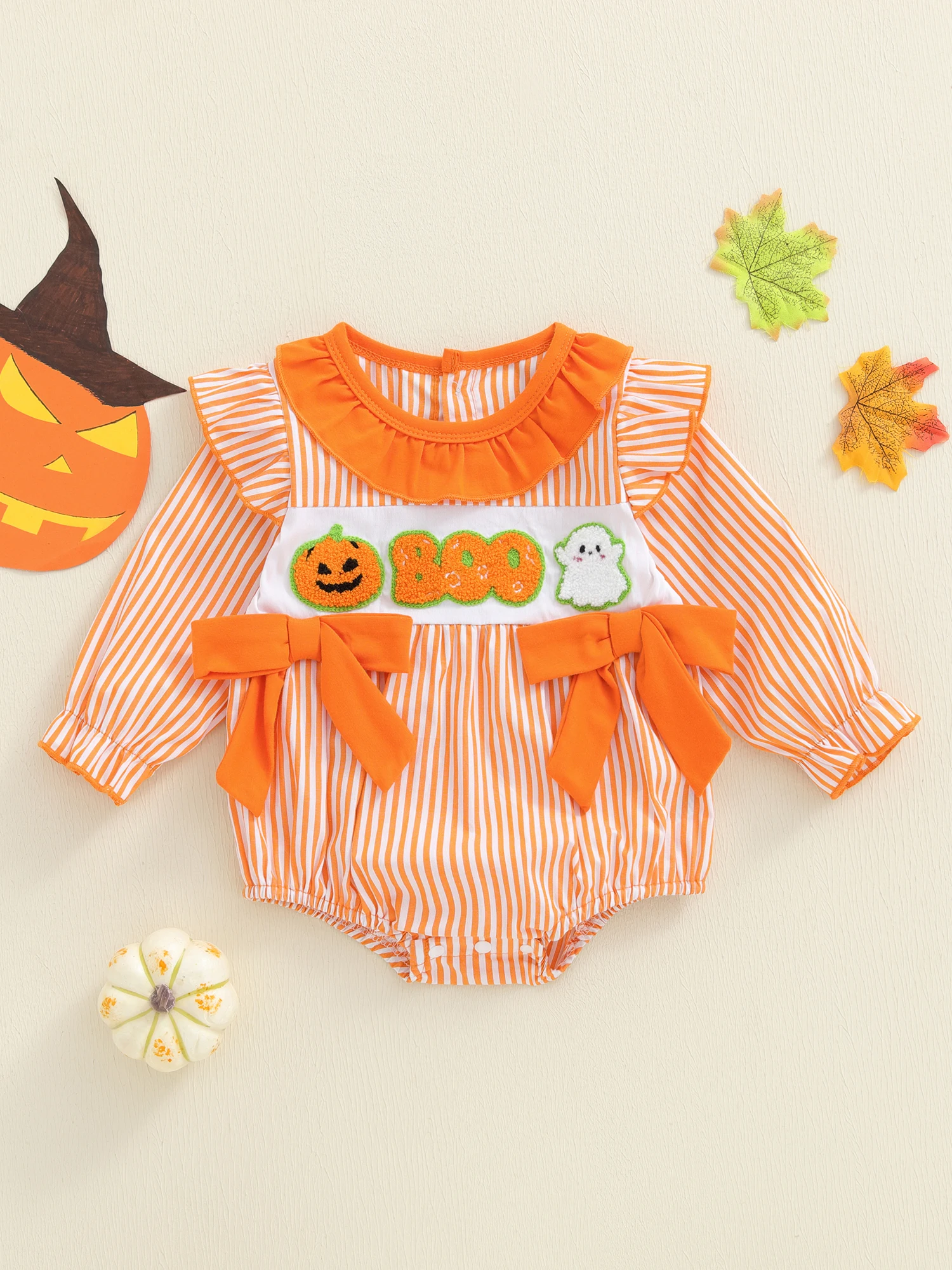 

Adorable Halloween Toddler Girl Rompers with Long Sleeves and Striped Print Crew Neck Jumpsuit for Cute Fall Outfits