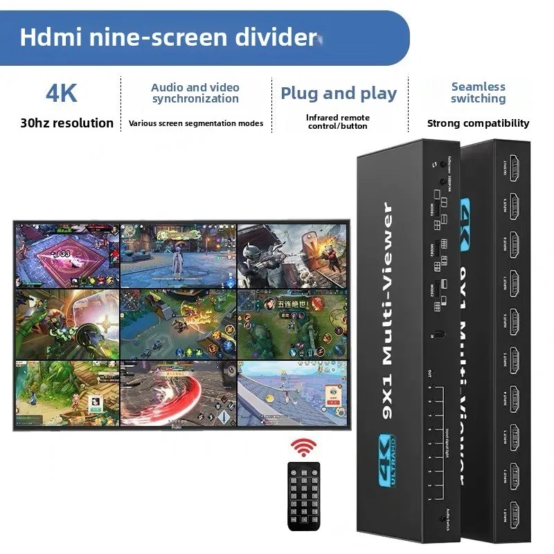 HDMI Nine Screen Splitter, hochauflösender Nine In One Out Video Seamless Switcher, 4K HDMI 1.4 Switch