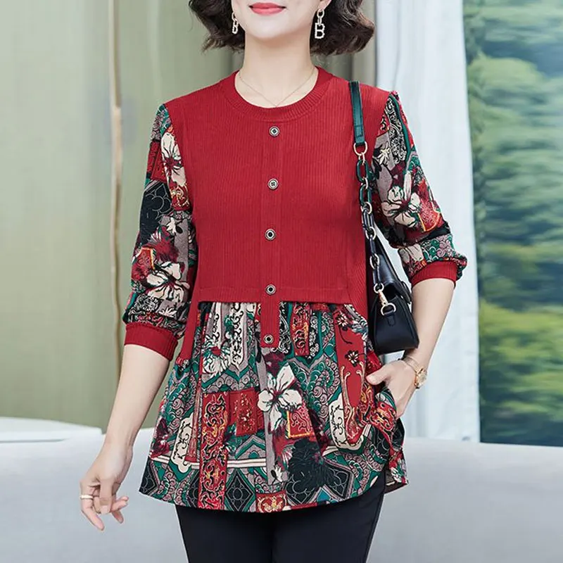 Female Clothing Vintage Printed Shirt Spring Autumn Long Sleeve Casual Patchwork Commute Stylish Round Neck Button Loose Blouse