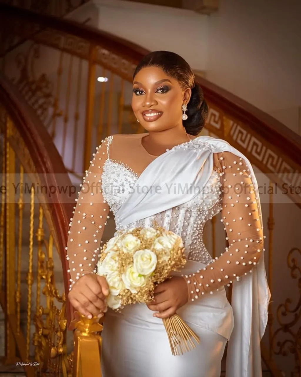 Ivory Civil Wedding Dresses for Bride Sheer Neck Long Sleeve Corset Pearls Aso Ebi Nigeria Courthouse Bridal Gowns Customized