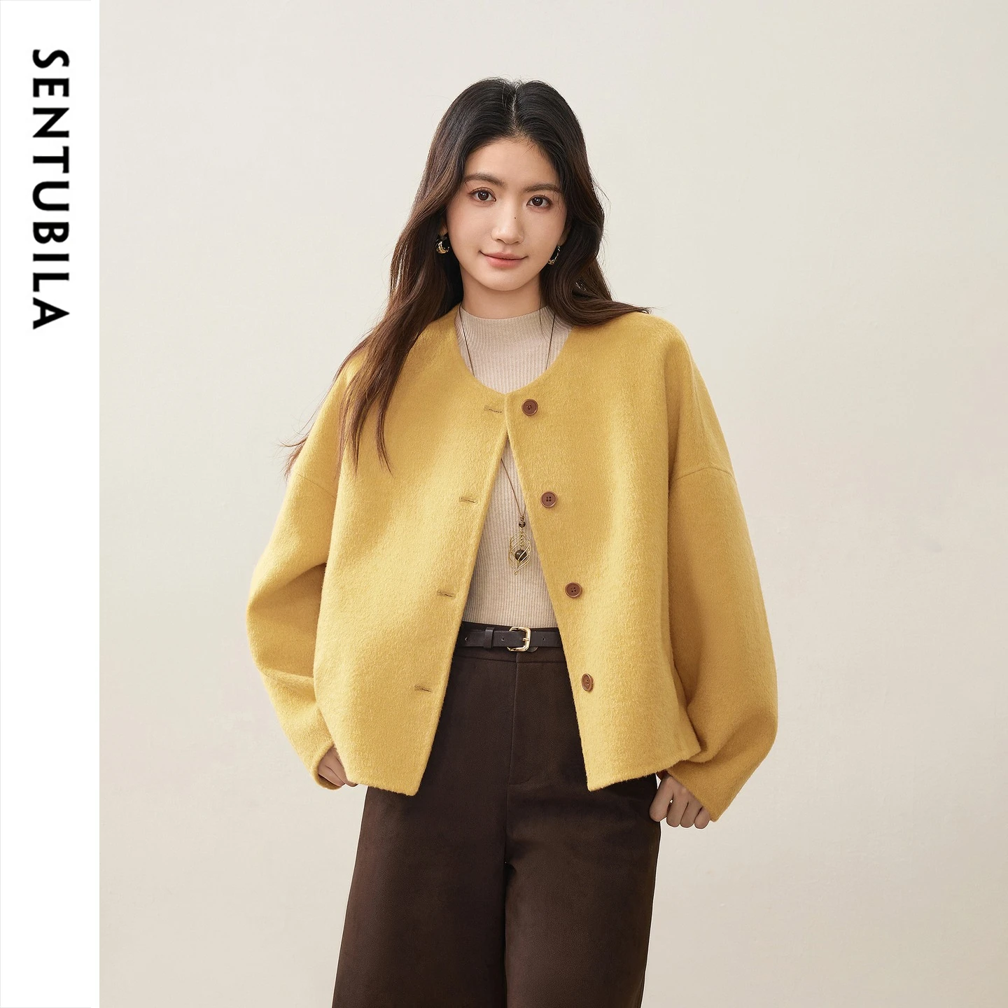 SENTUBILA Women's Coat 2026 Winter Fine Camel‑Hair Blend Double Faced Outerwear Petite Round Neck Commuter Overcoat W64OG7686