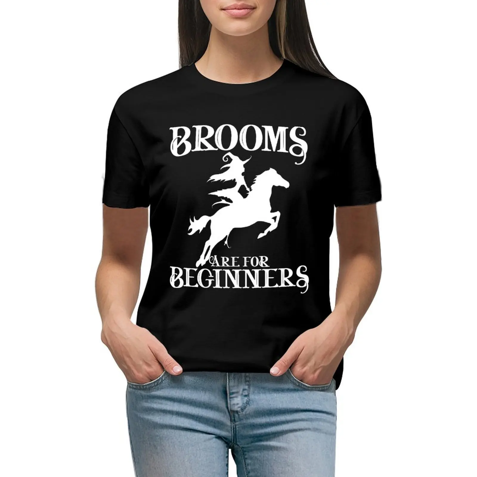 Brooms Are For Beginners Funny Witch Halloween T-shirt lady clothes Short sleeve tee summer clothes t shirts for Women graphic