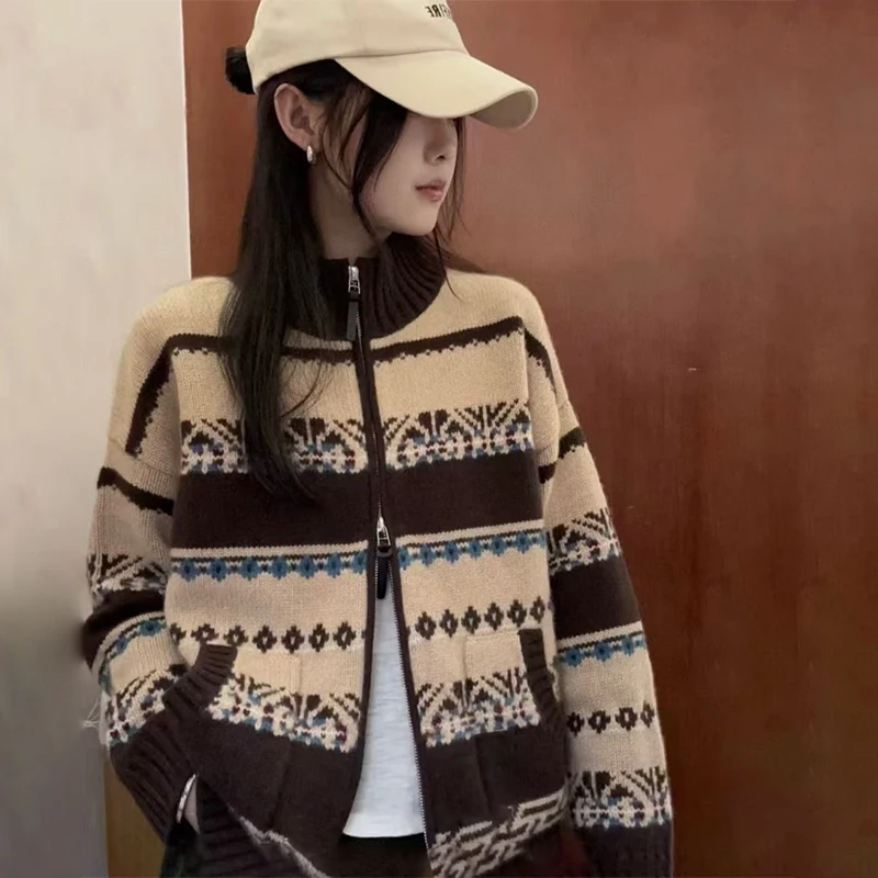 

100% pure cashmere cardigan women's new knitted coat, high-end thickened retro Fair Island jacquard zipper cardigan sweater