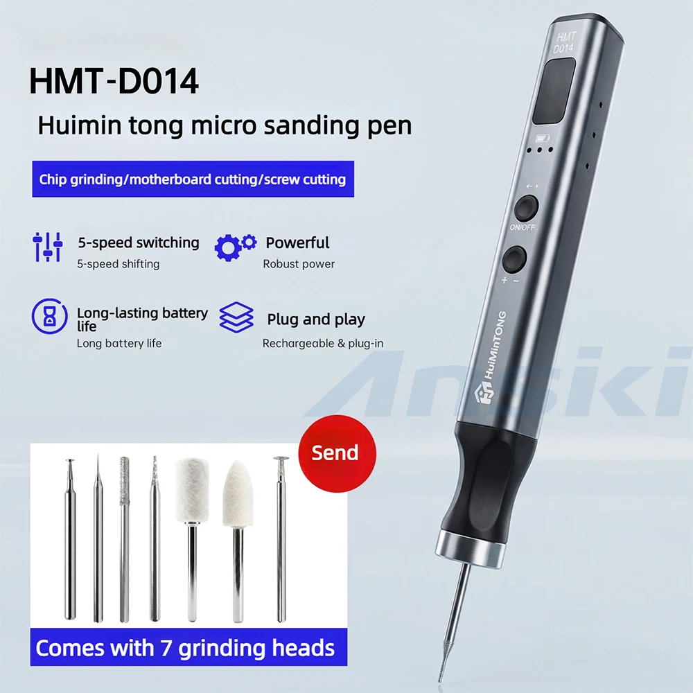 HMT-D014 Electric Polishing Pen 5 Speed Settings 7Pcs Diamond Grinding Heads for IC Chip Grinding PCB Cutting Phone Repair Tools