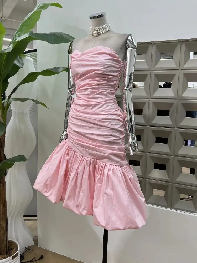 

New Fashionable Sexy Slim Designer Midi Dresses Pink Pleated Strapless Bubble Sleeves Irregular Hem Women's Party Evening Dress