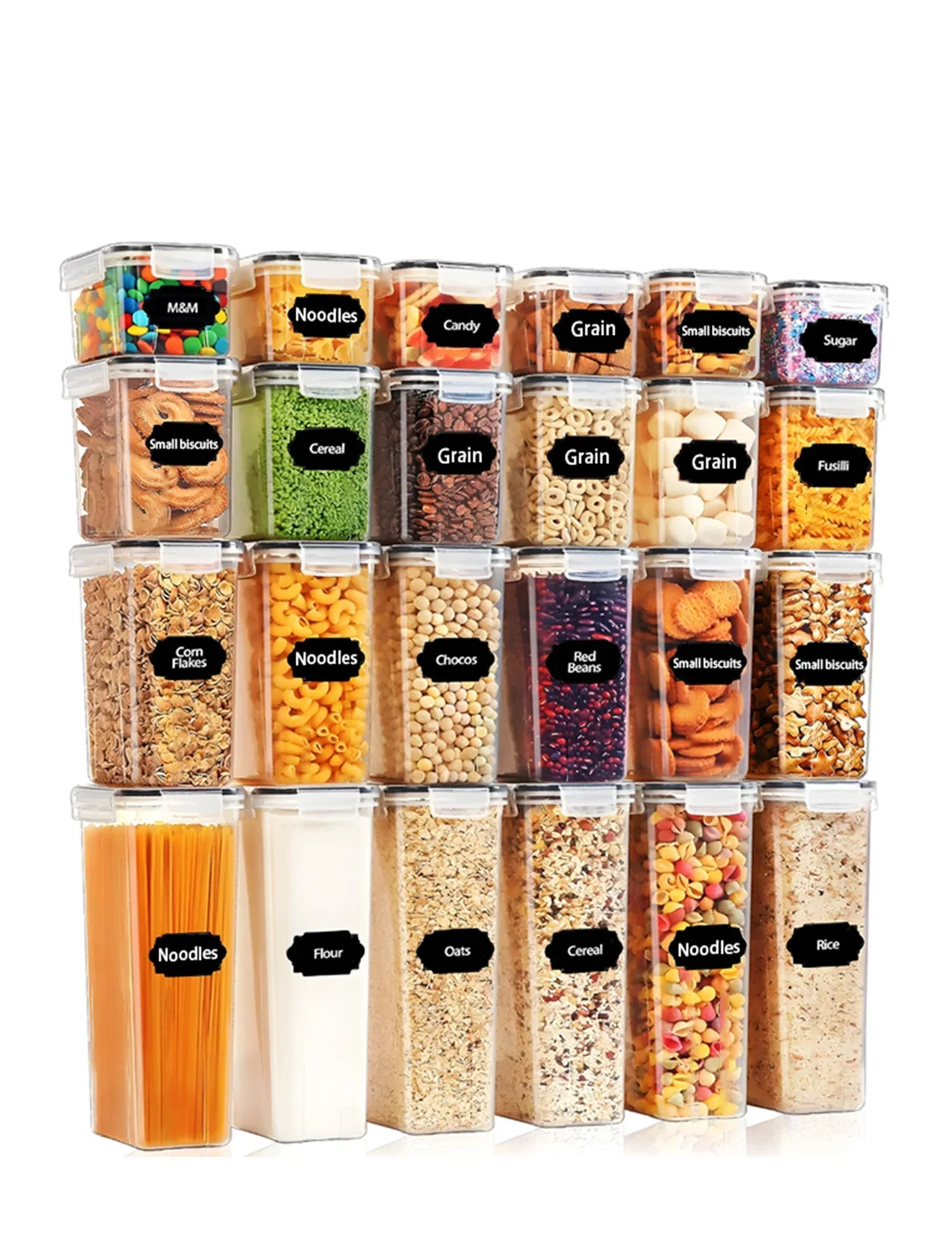 

24 шт., герметичные контейнеры для хранения продуктов питания с ДИТЯЧИМИ и этикетками, пластиковые кухонные контейнеры для хранения, сухие грузовые банки для муки, сахара
