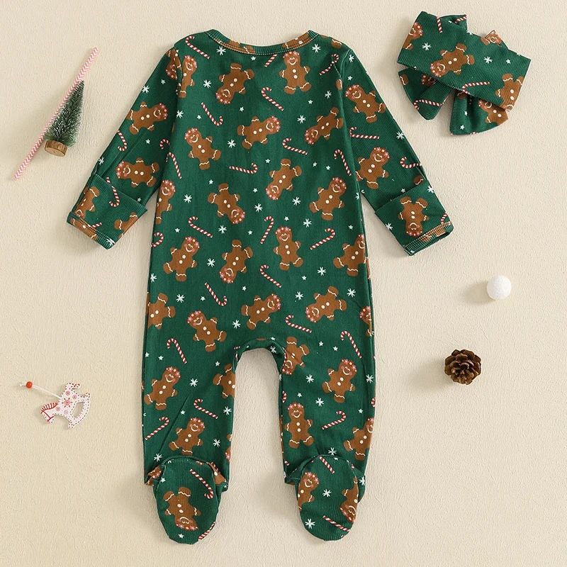 Baby Girls Christmas Romper Gingerbread Print Long Sleeve Jumpsuits and Cute Headband Set for Newborn Xmas Clothes