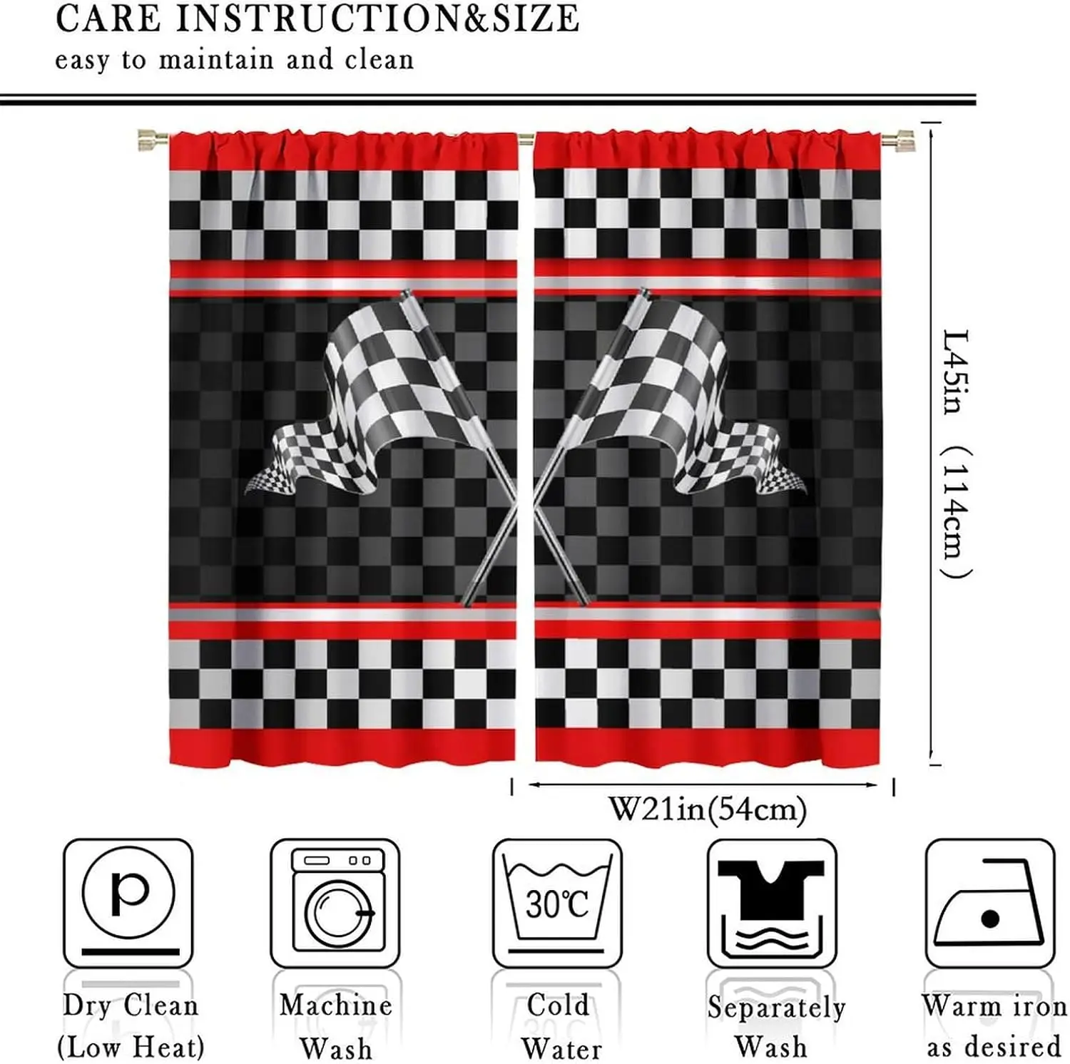 Classic Racing Check Flag Curtain 2 Panels, Red Silver Trim Black White Grid Allover Print, Curtains for Boy Teen Decor Curtain