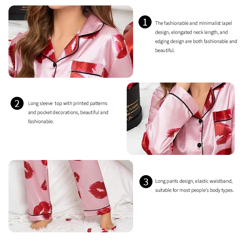 Red Lip Print Satin Pajama Set Autumn Casual Long Sleeve Button Up Lapel Collar Top & Pants Sleepwear & Loungewear Pyjama Femme