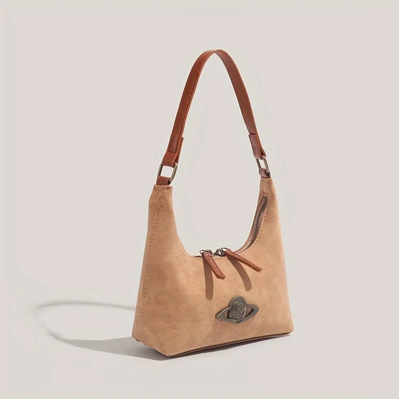Women Denim Design Handbag, Fashion Hobo Shoulder Bag, Retro Planet Decor Crescent Bag
