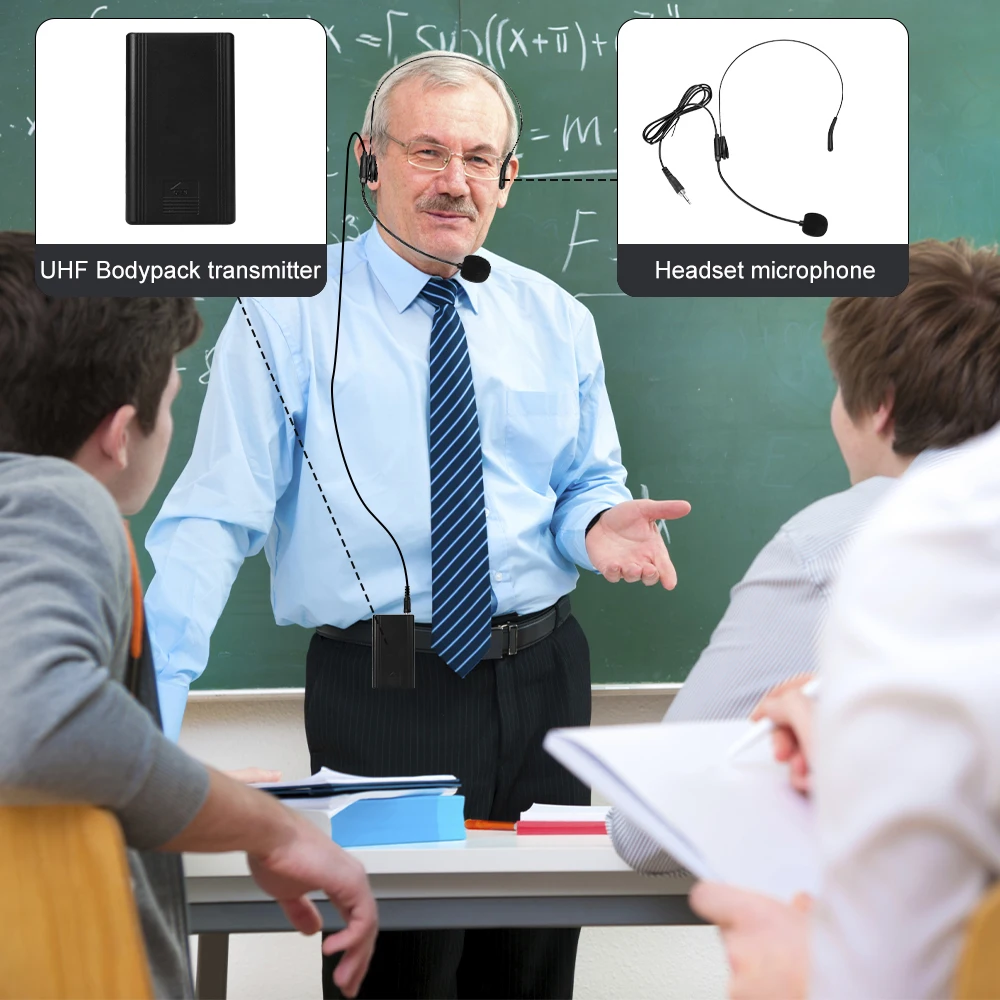 ميكروفون UHF لاسلكي ذو 4 قنوات UHF Bodypack ميكروفون لاسلكي مزدوج مزود بنظام ميكروفون مع 2 طية صدر/مرحاض للتحدث في الفصول الدراسية