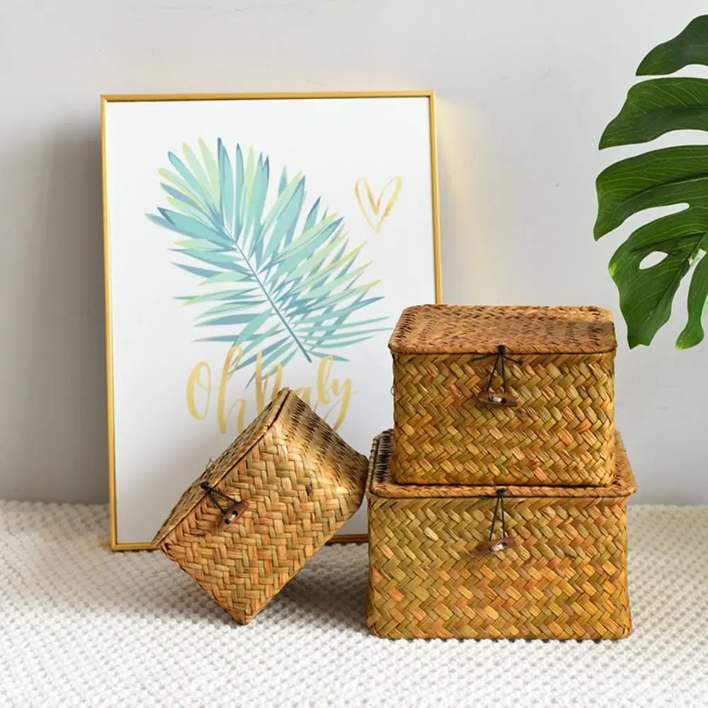 Rattan Weaving Wicker Shelf Baskets Hot Sale Rectangular Handwoven Wardrobe Lid Storage Box with Lid Living Room