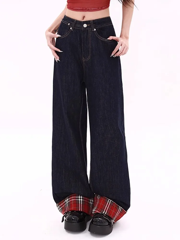 Celana Jeans Wanita Ukuran Besar Motif Kotak-kotak Amerika, Model Kaki Lebar, Longgar, Slim Fit, Lurus, Panjang, Pinggang Tinggi, Warna Gelap, untuk Musim Gugur dan Musim Dingin