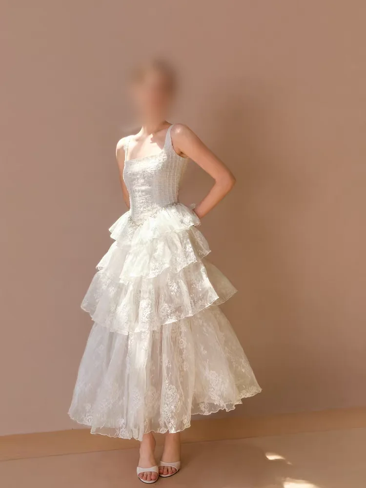 ustomized evening dress Square Neck Sleeveless Thin Strap White Lace Ruffled Multi-Layer Tiered Tulle Midi Evening Dress