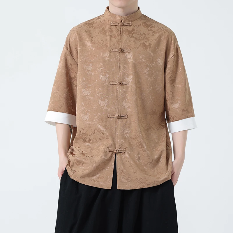

2025 Chinese Style Jacquard Mens Shirt Handmade Button Short Sleeved Casual Shirt Male Stand Collar Traditional Chinese Shirts