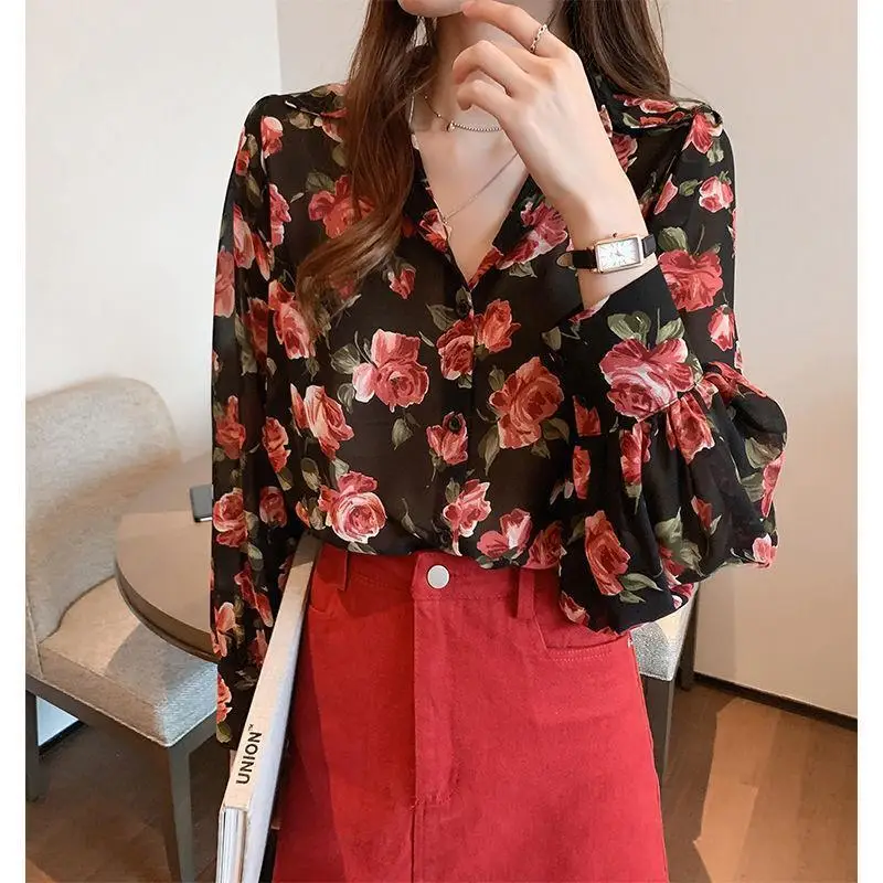 Blouse Women Spring and Summer Retro Loose Flower Top Long Sleeve Chiffon Shirt  Blusas Ropa De Mujer