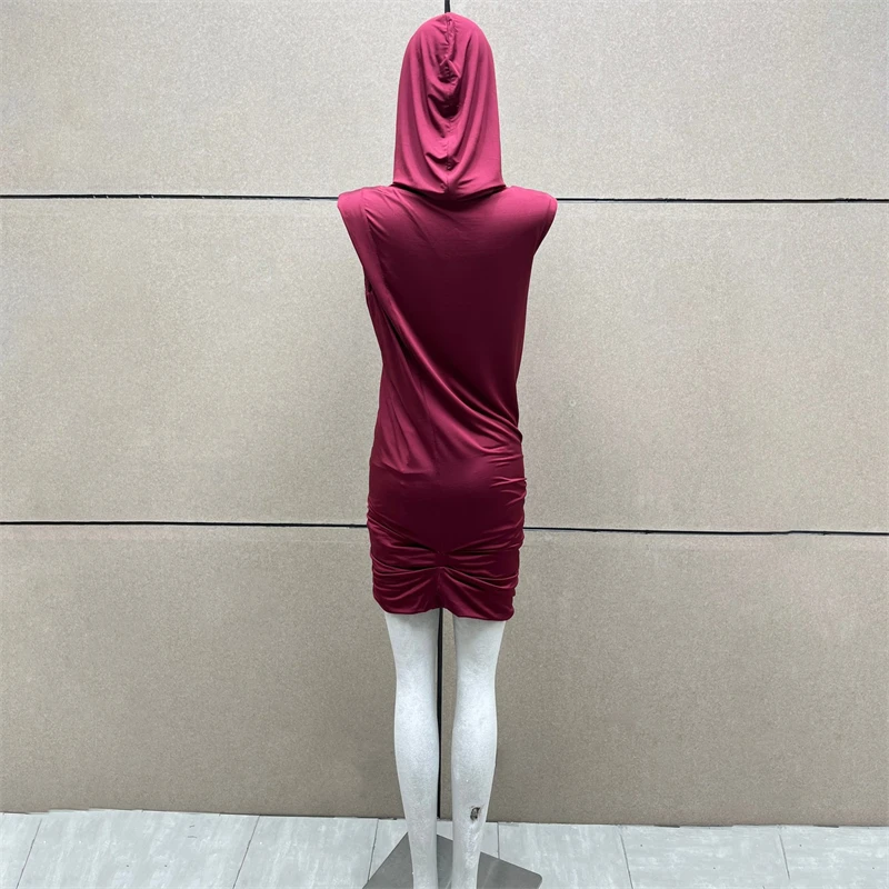 Verão 2025 feminino vinho vermelho dupla camada com capuz vestido y2k moda de alta qualidade casual elástico fino ajuste mini saia