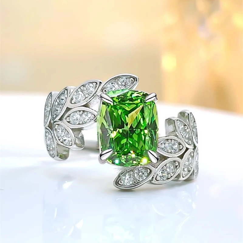 Huitan Light Green CZ Feather Design Women Rings Novel Bridal Wedding Rings Anniversary Party Female Accessories Fashion Jewelry