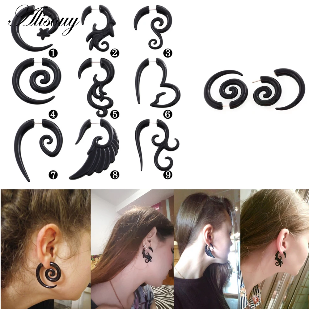 Alisouy 2 Pieces Black Color Acrylic Fake Spiral Ear Taper Gauges Twist Expanders Earring Cheater Piercing Body Jewelry