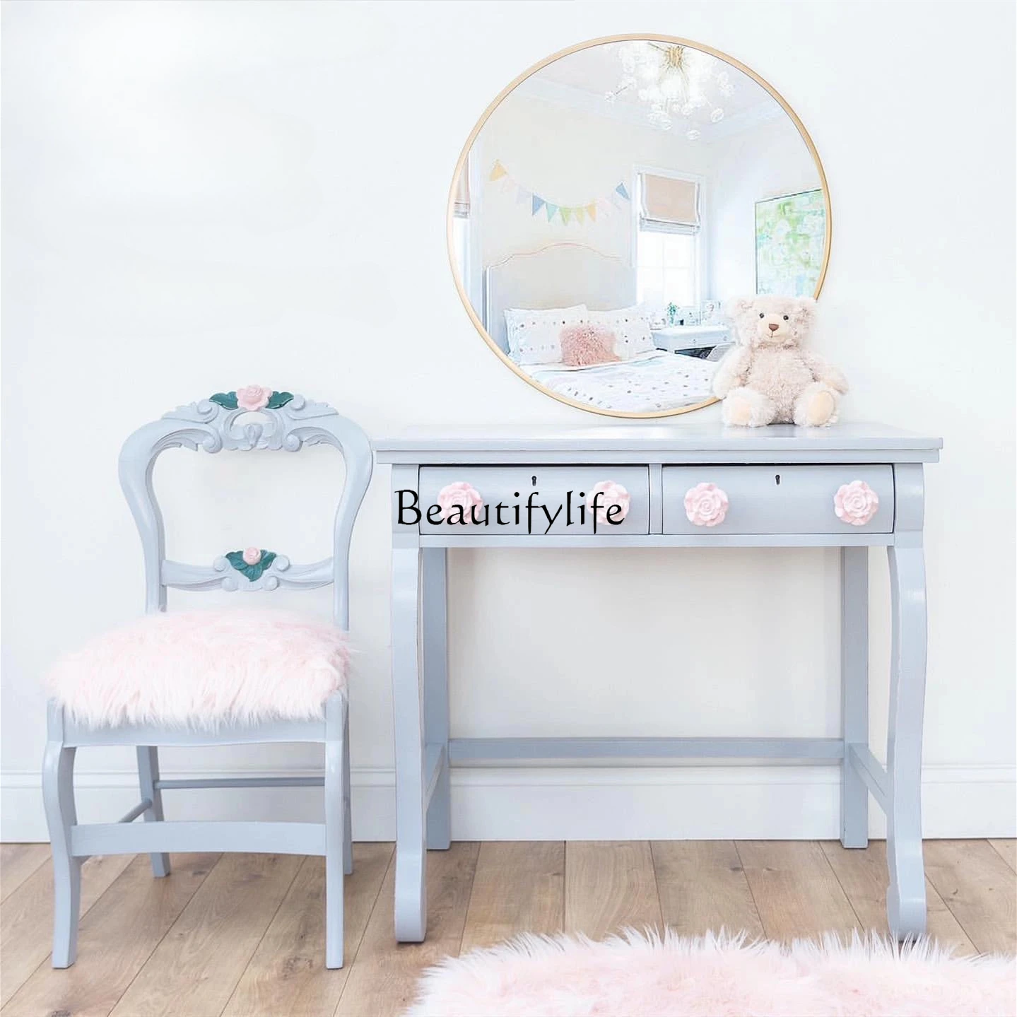 

French Minimalist Solid Wood Dressing Table American Retro Carved Bedroom Makeup Table Furniture