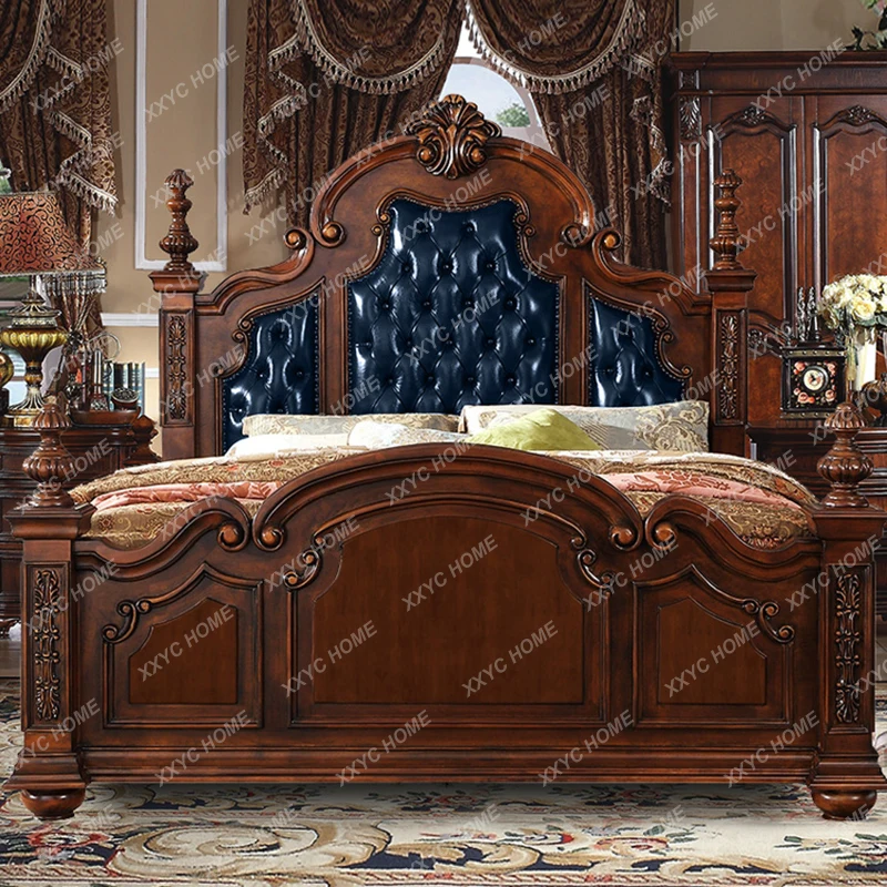 

leather double bed all solid wood retro princess bed
