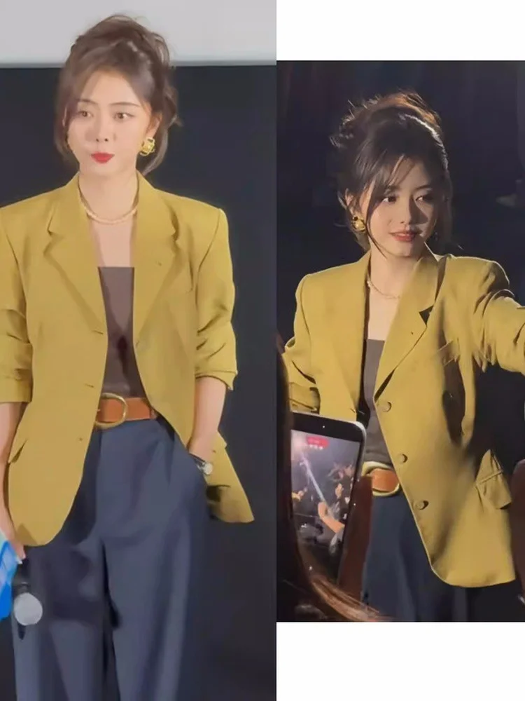 

Elegant Yellow Suit Jacket for Women My Mountain And Sea Casual Style Waist-Cinching Multi-Pocket Knitted Outerwear