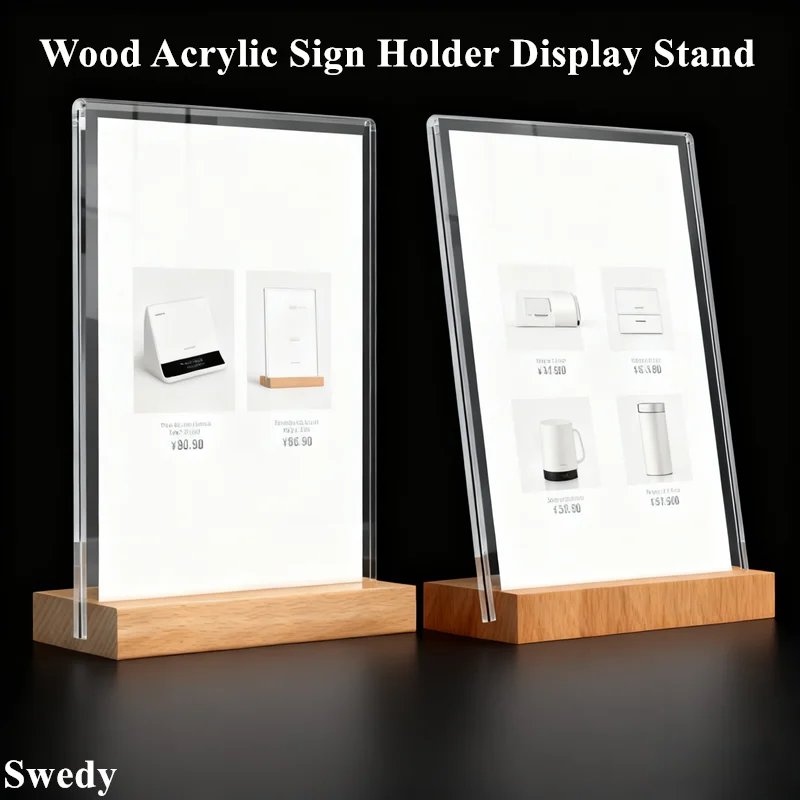 4 Pieces A5 148x210mm Wood Acrylic Sign Holder Display Stand Wedding Picture Photo Poster Frame Menu Paper Price Label Holder
