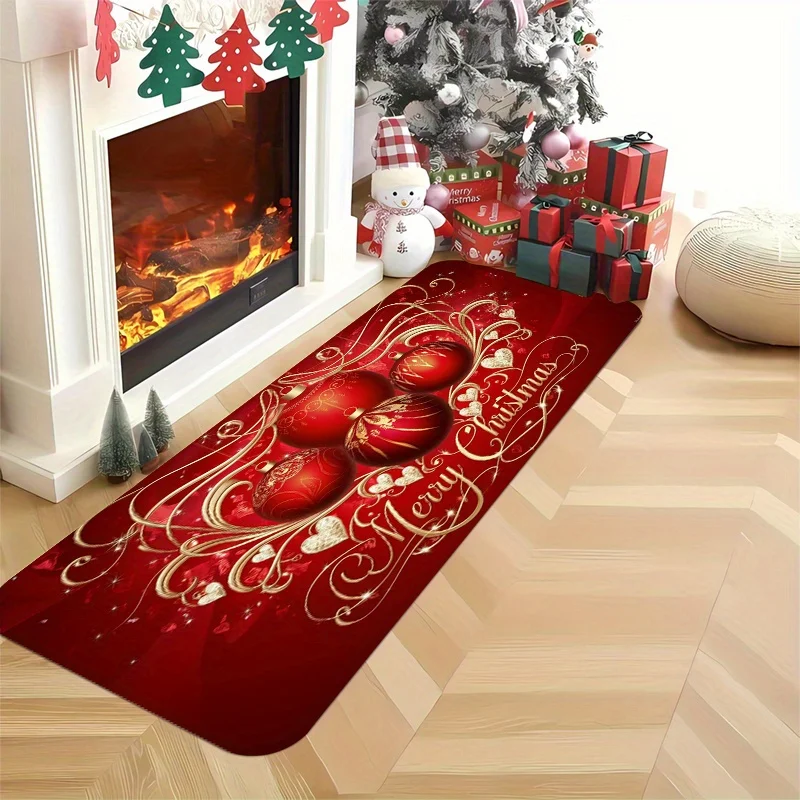Premium Printed Christmas Long Runner Rug Wood Grain Buffalo Plaid Gnome Snowflake Merry Christmas Rug for Christmas Holiday