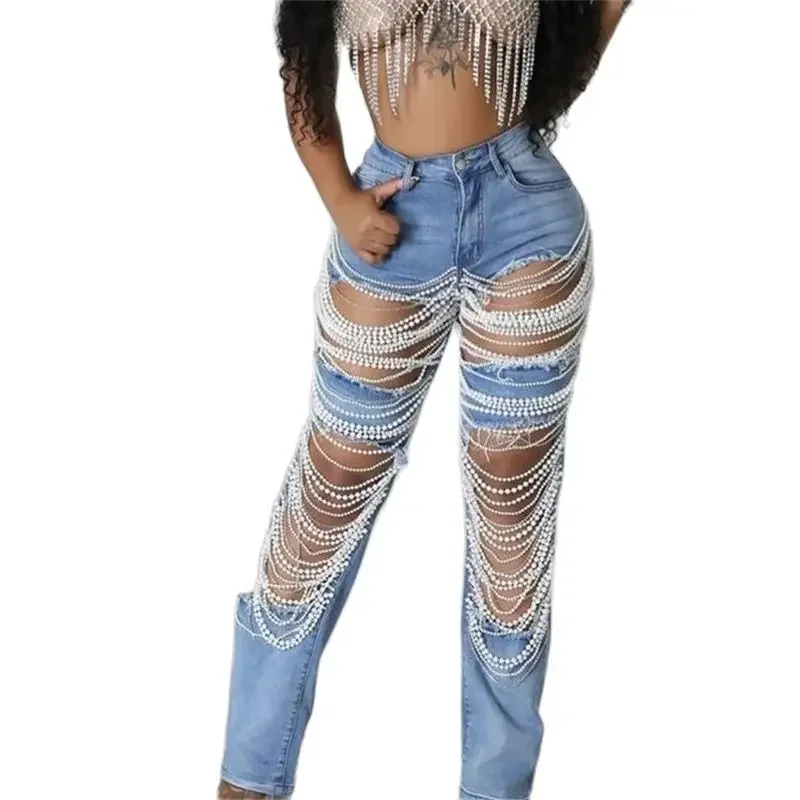 2024 Fashion Beaded Chain Splice Straight Jeans Women Large Broken Holes Hollow Out Denim Pants Female Trousers Trend Streetwear