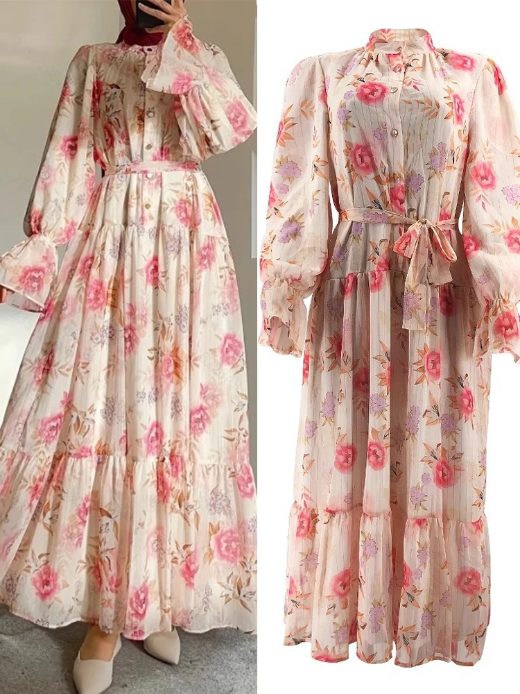 

Ид Цветочное Платье Женское Милое Мусульманское Платье Абая на Шнуровке Дубай Джалабия Кафтан Ислам Марокко Vestidos Арабский Длинный Халат Рамадан 2025