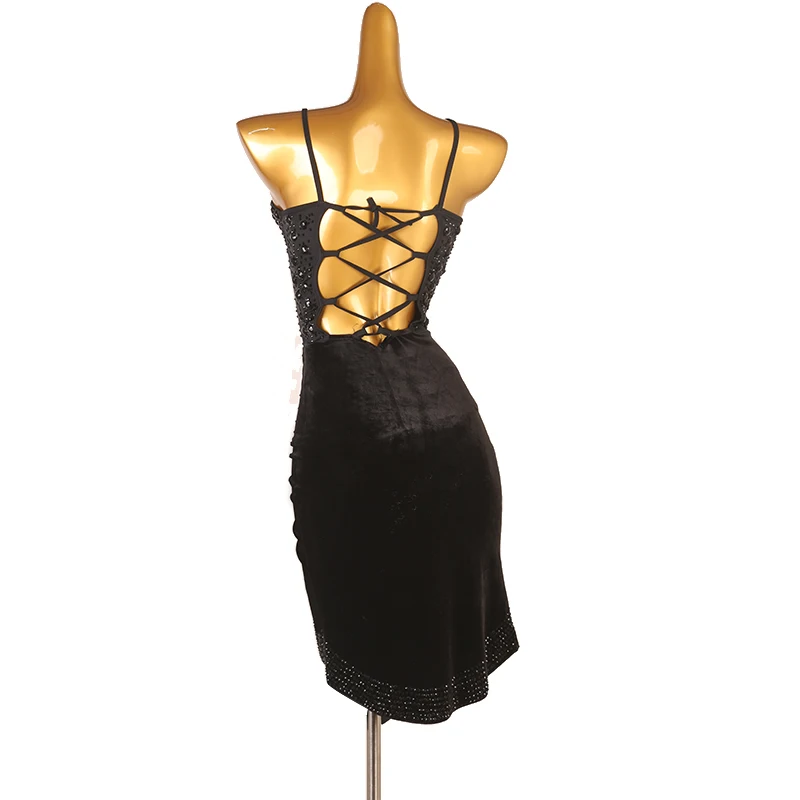 Vestido de competición de baile latino para mujer, vestido profesional Sexy negro con diamantes de imitación, ropa latina para mujer adulta Rumba Cha-Cha DQL8133