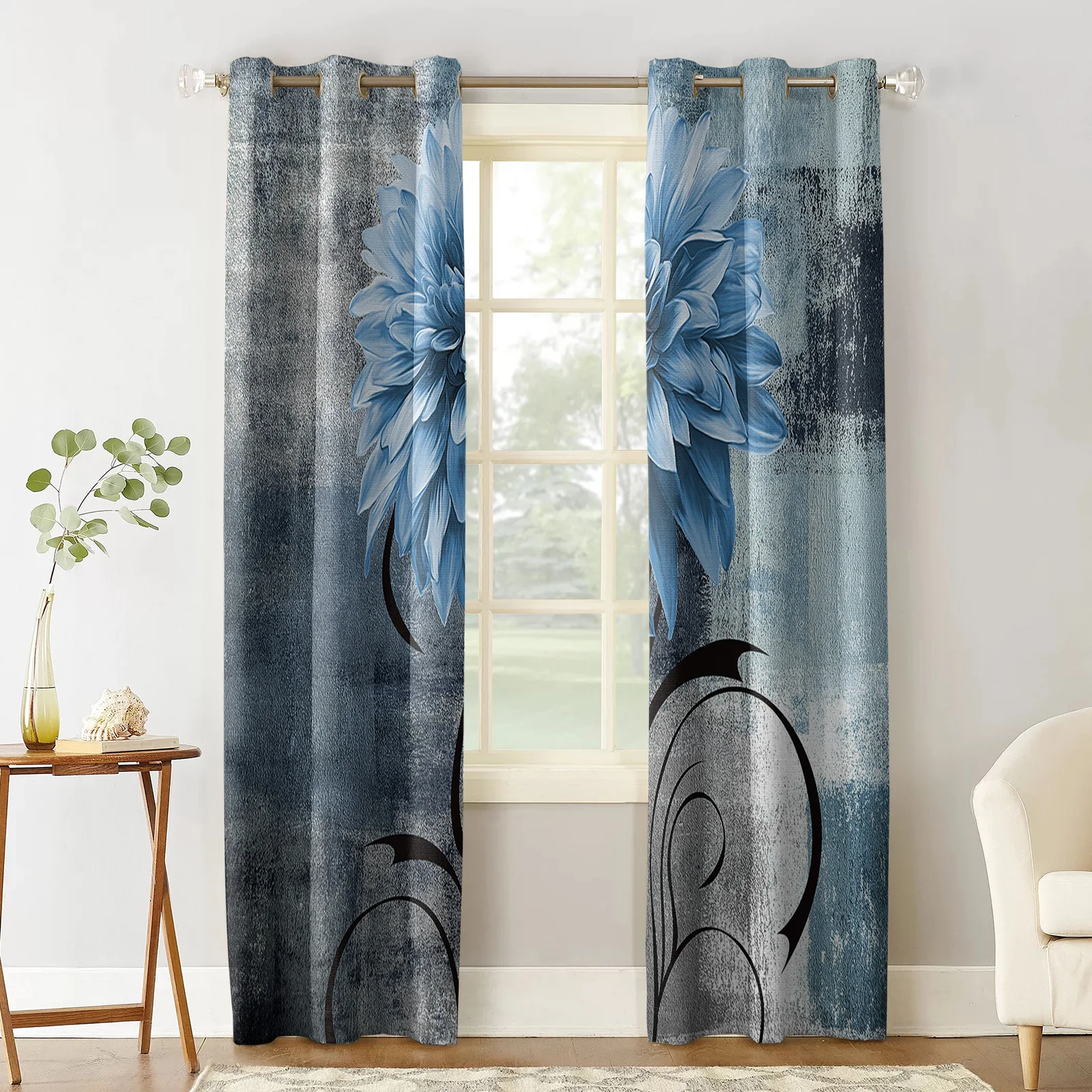 Dahlia Oil Painting Blue Curtains For Bedroom Curtains For Living Room Curtains For Living Room Luxury European