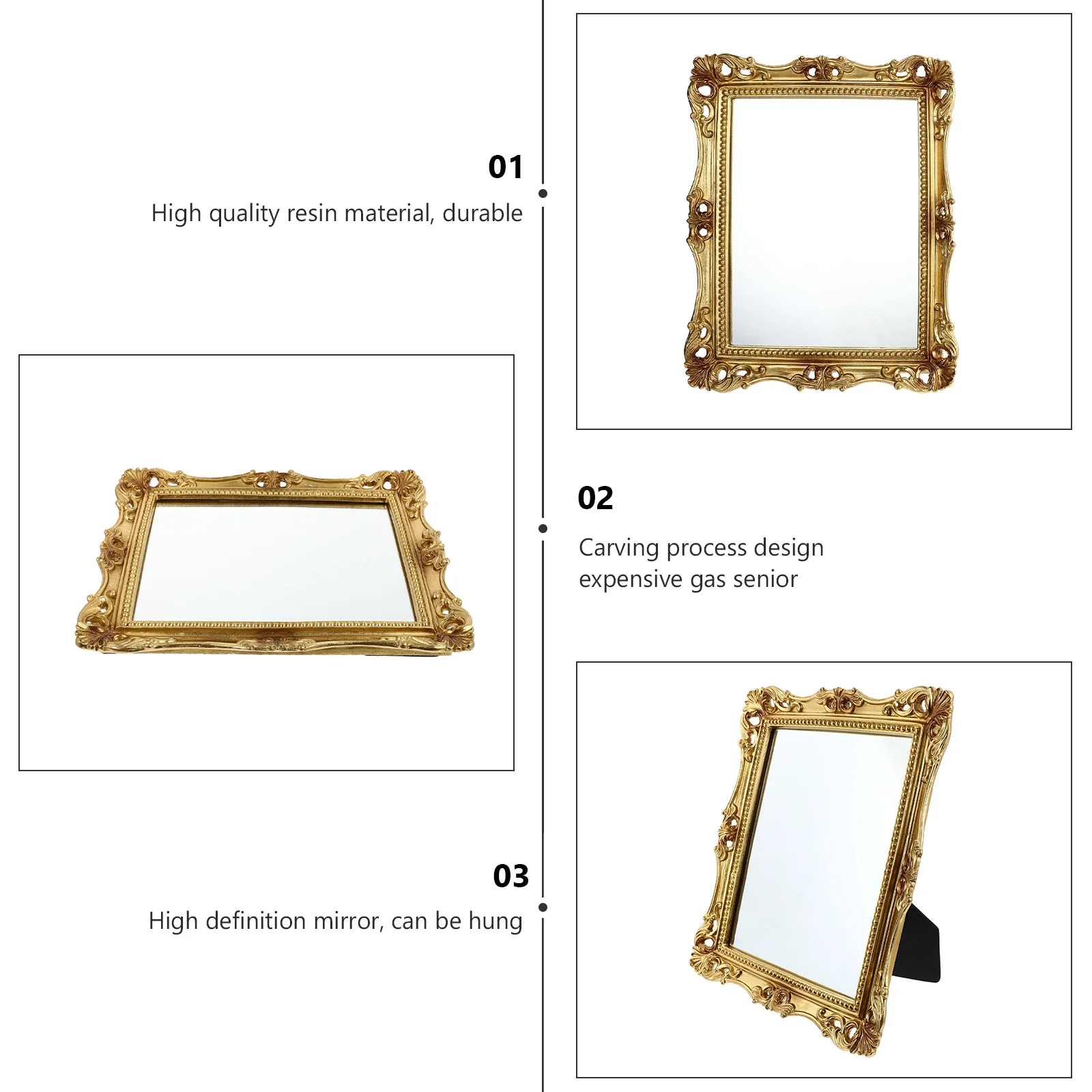 กระจกแต่งหน้าสไตล์วินเทจ 1 ชิ้น ลายแกะสลัก ทรงสี่เหลี่ยม กระจกตั้งโต๊ะ ทนทาน พื้นผิวใส