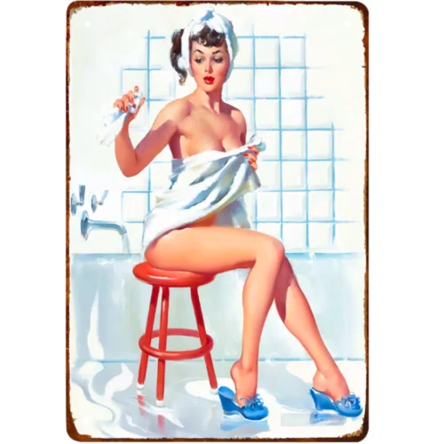 Vintage Pinup Girl Metal Sign Bathing Beauty 1950s Reprint, 12