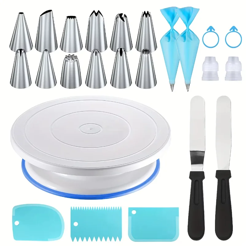 Cake Decorating Turntable - 24点セットのケーキデコレーションセット：滑り止め加工のターンテーブル、12種類の絞り口、スクレーパー、プロ仕様のベーキングツール、絞り口ノズル付き。