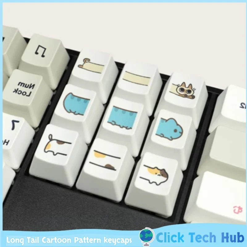 

Колпачки для клавиш с длинным хвостом и мультяшным узором, колпачки для ключей с изображением кота, собаки и кролика, милый персонализированный материал Pbt, R4, непрозрачная механическая клавиатура, колпачок для клавиш
