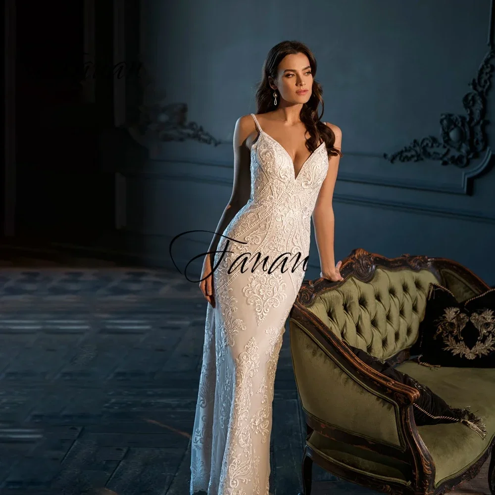 Personalizado requintado com decote em v cintas de espaguete vestidos de casamento sem costas apliques de renda alta divisão na parte traseira vestido de noiva {{дебное pл