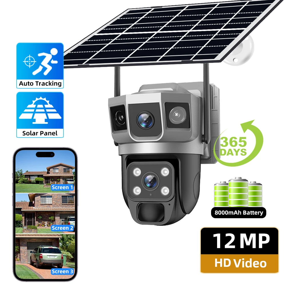 

V380 Pro 12 MP Solar 4G SIM Camera Security CCTV Three Screen Auto Tracking Outdoor waterproof 6K Surveillance WIFI PTZ Camera