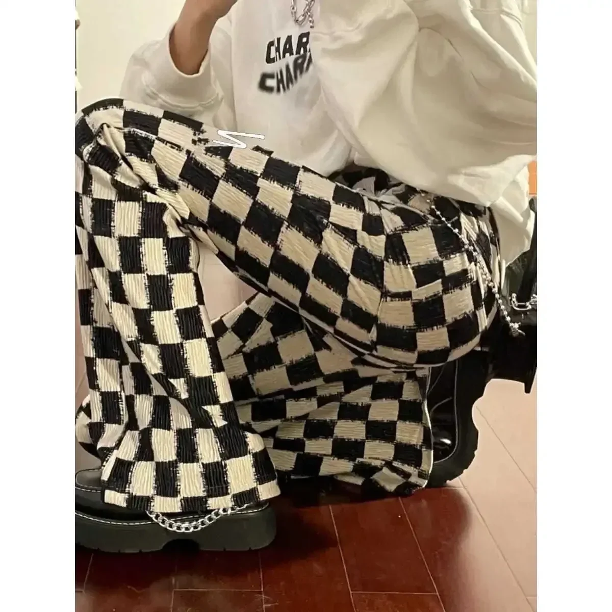 Summer Checker Plaid Elastic Waist Slim Flare Pant Slight Bootcut Bell Bottom Korean Clothes Women e-girl fairycore 2000s japan